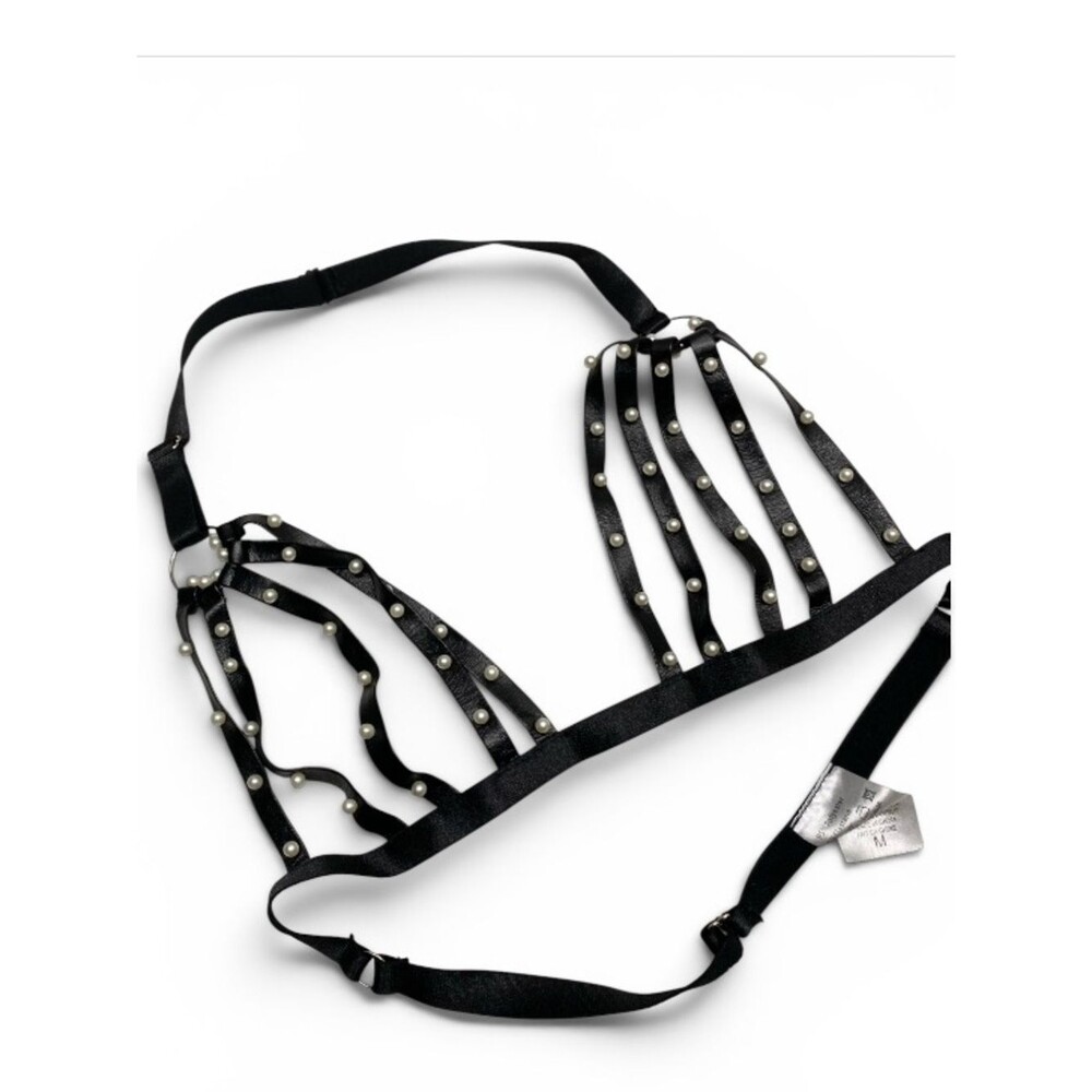 Gothic Black Strappy Cage Bra Pearl Studded Body Harness Lingerie Top M
